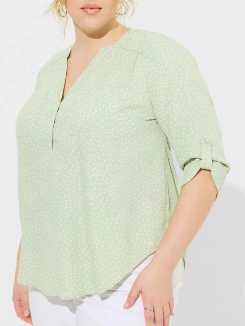 TORRID 1 Plus Size Harper Georgette Pullover 3/4 Sleeve Blouse Green Polka Dot